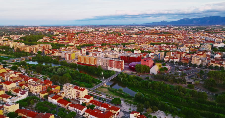 Aerial view of the beautiful historic city center of Perpignan, located in southern France near the Spanish border and the Mediterranean coast