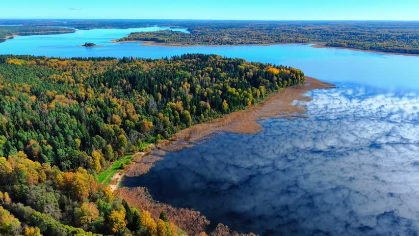 Aerial view of autumn foliage reflecting on tranquil lake surface with lush trees