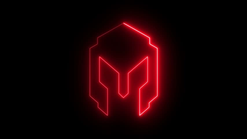 Glowing neon warrior helmet icon animation on black background. warrior helmet icon. Antique helmet for warrior head protection.