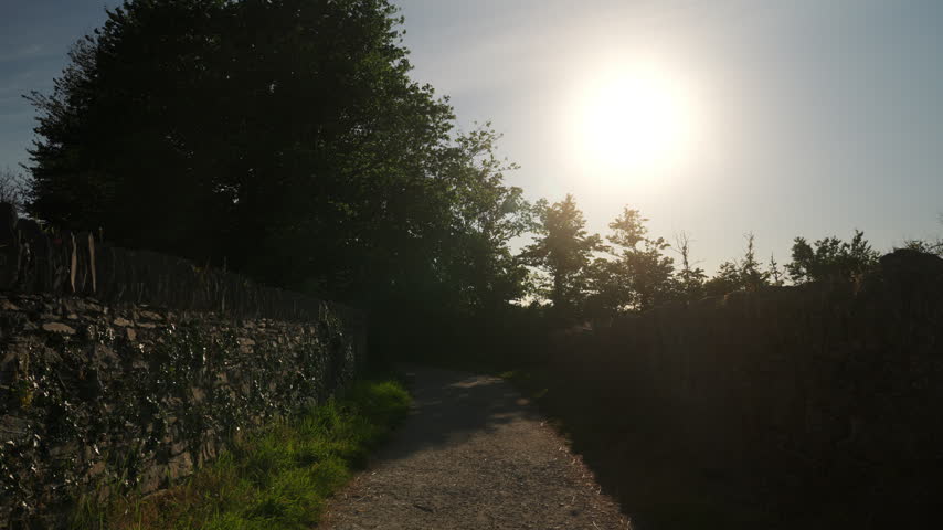 Sunset path with trees and stone walls in a quiet area near a walking trail