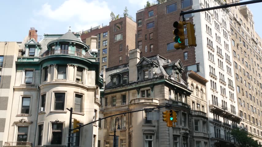 New York City urban buildings architecture in residential district, Manhattan Upper West Side 72 street, United States of America. Old historic house in USA. Classic corner near Riverside park.