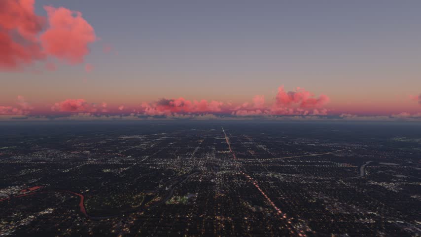 3D - Dusk aerial shot of the Arkansas River in Wichita city. Kansas. United States