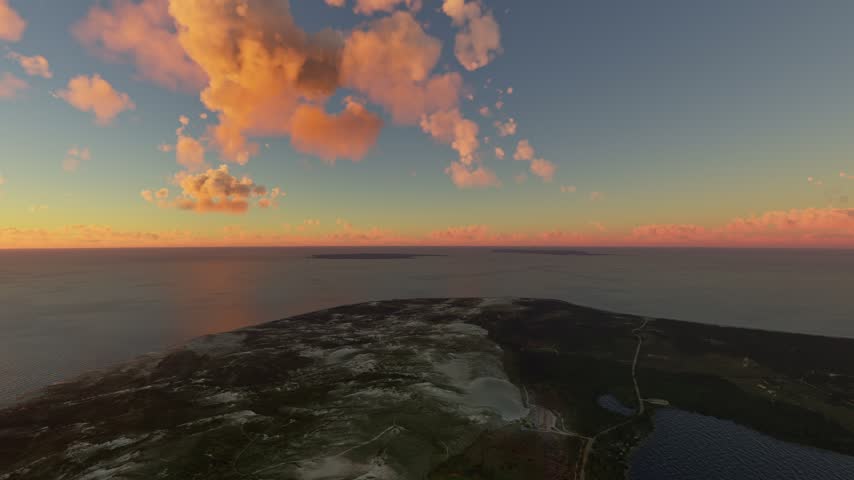 3D - Sunset aerial shot of Lake Michigan and Sleeping Bear Dunes National Lakeshore. Michigan. United States