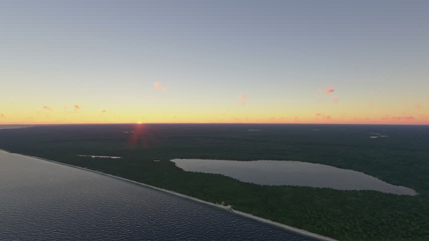 3D - Circular aerial view at sunset of Pictured Rocks National Lakeshore. Michigan. United States