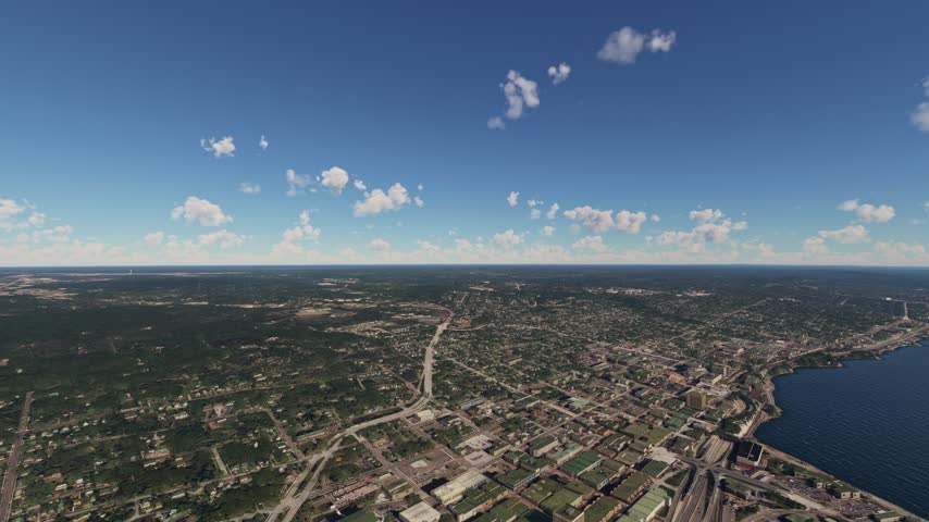 3D - Drone aerial view of Duluth city and Lake Superior. Minnesota. United States