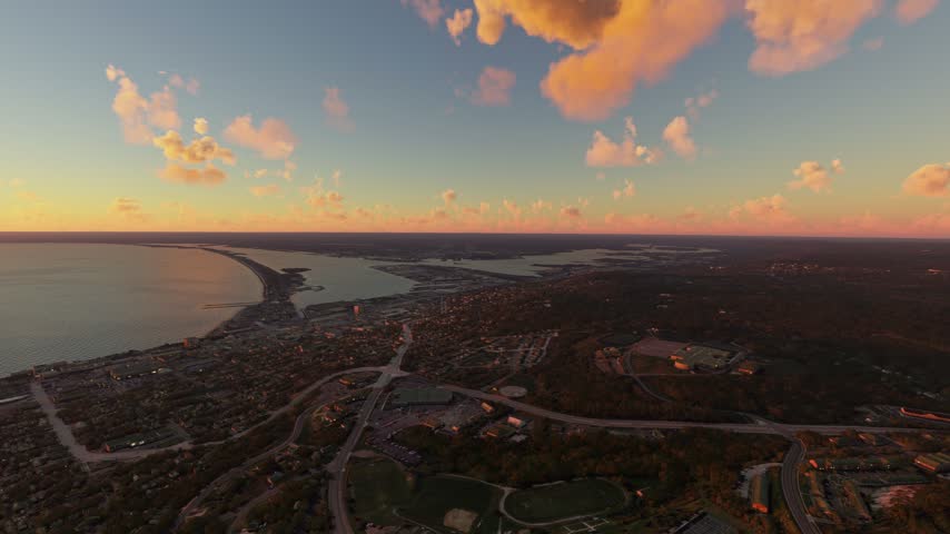 3D - Sunset aerial drone shot of Duluth city and Lake Superior. Minnesota. United States