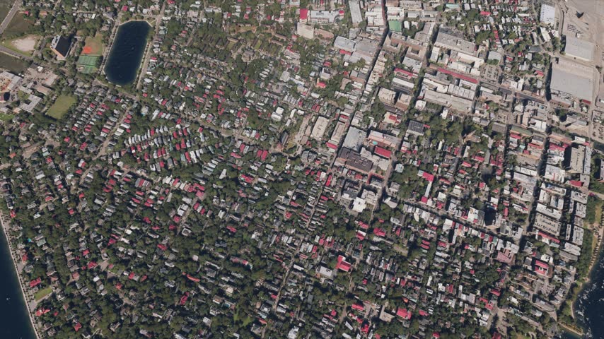 3D - Top aerial drone view of Charleston city and Charleston Harbor. South Carolina. United States