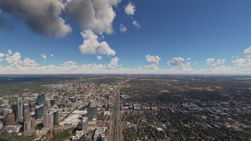 3D - Side aerial drone shot of Austin city and Lady Bird Lake. Texas. United States