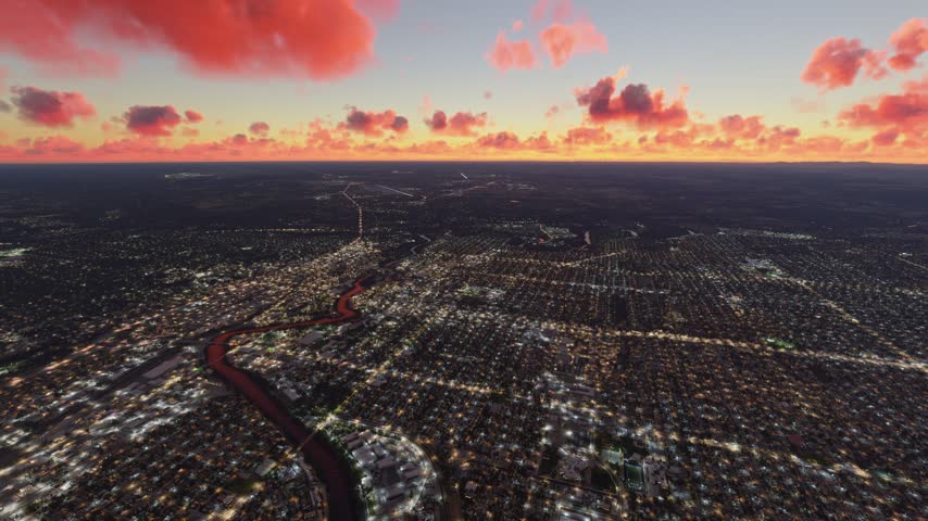 3D - Sunset aerial drone view of Spokane city and the Spokane River. Washington. United States