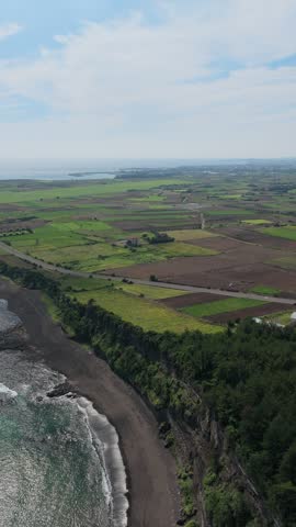 Dark Volcanic Shoreline, Waves And Agricultural Fields Seen From Songaksan Peak In Seogwipo, Jeju Island, South Korea. - aerial vertical, pan shot