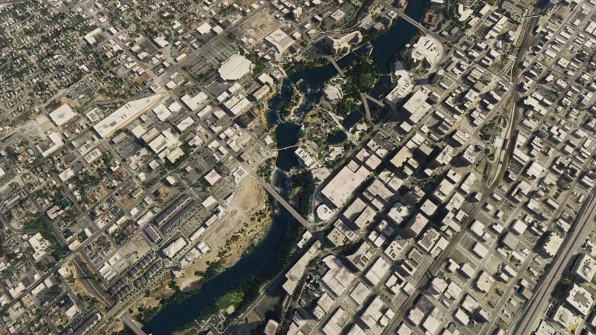 3D - Top aerial shot of Spokane city and the Spokane River. Washington. United States