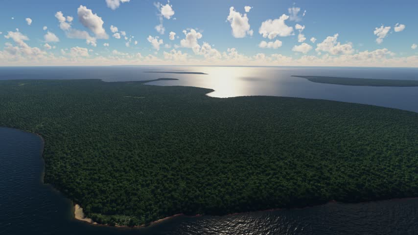 3D - Aerial drone view of Apostle Islands National Lakeshore. Wisconsin. United States