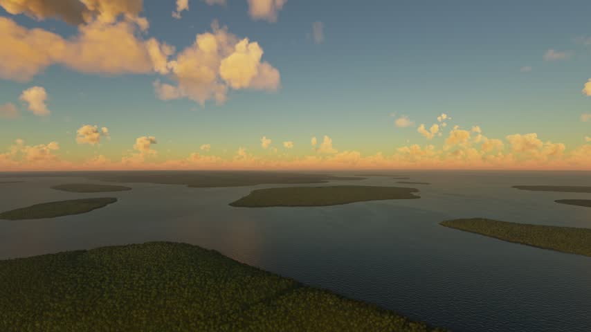 3D - Sunset aerial drone shot of Apostle Islands National Lakeshore. Wisconsin. United States