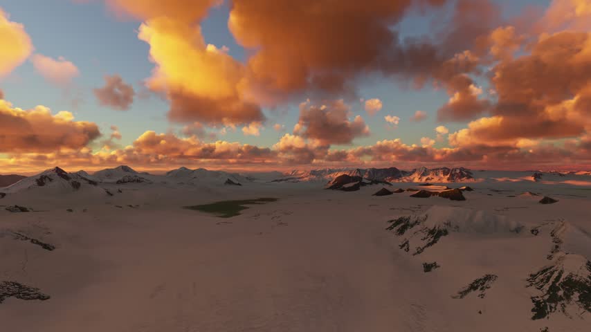 3D - Sunset aerial view of glaciers and fjords in Kenai Fjords National Park. Seward. Alaska. United States