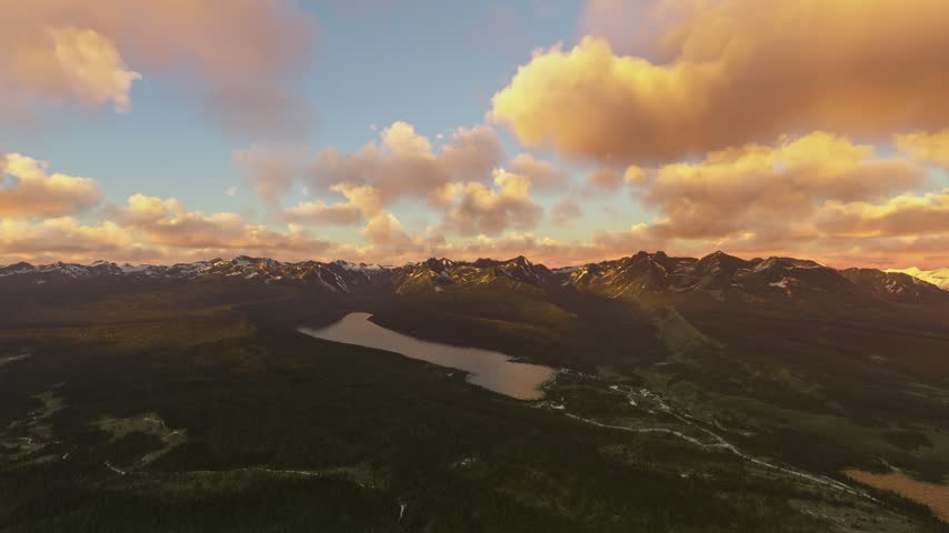 3D - Sunrise aerial drone shot of snow at Redfish Lake and the Sawtooth Mountains. Idaho. United States