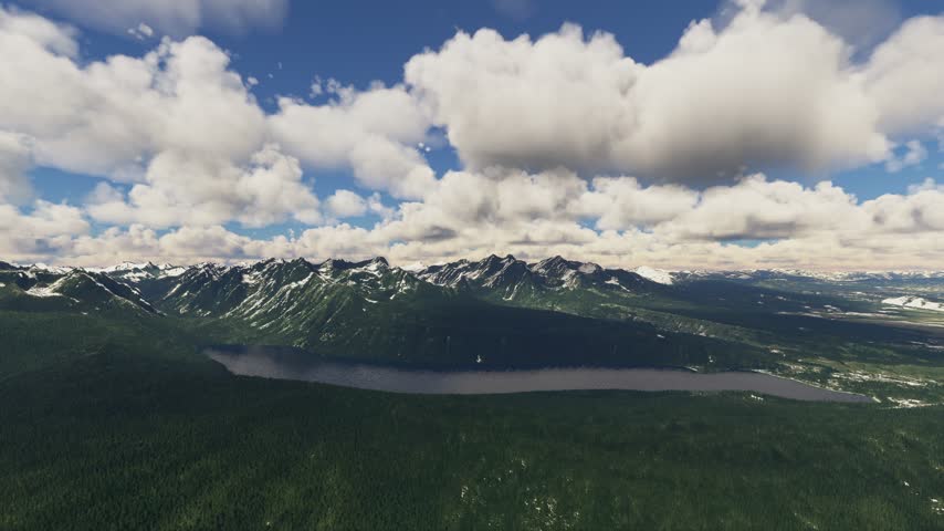 3D - Aerial view of snow at Redfish Lake and the Sawtooth Mountains. Idaho. United States