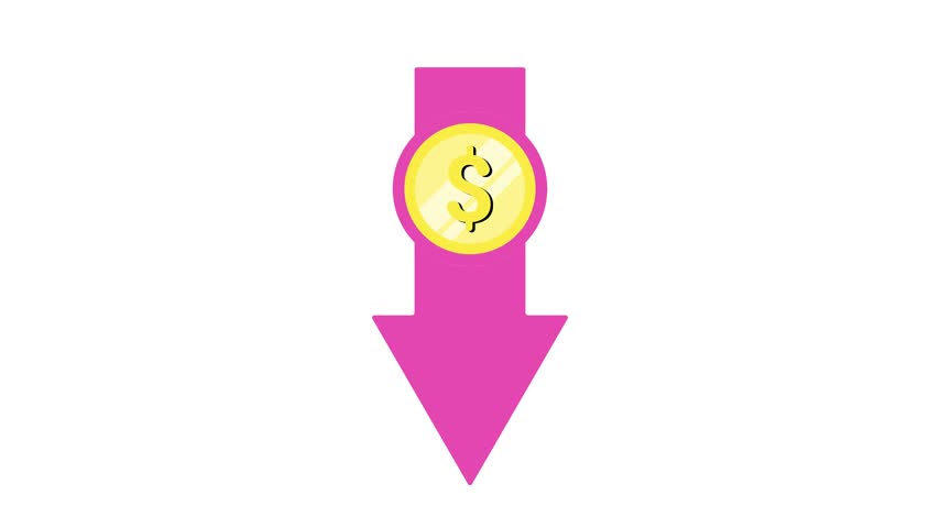 Pink arrow points down with gold coin symbol. Coin features dollar sign, suggesting financial loss. Simple photo conveys decreasing value or spending
