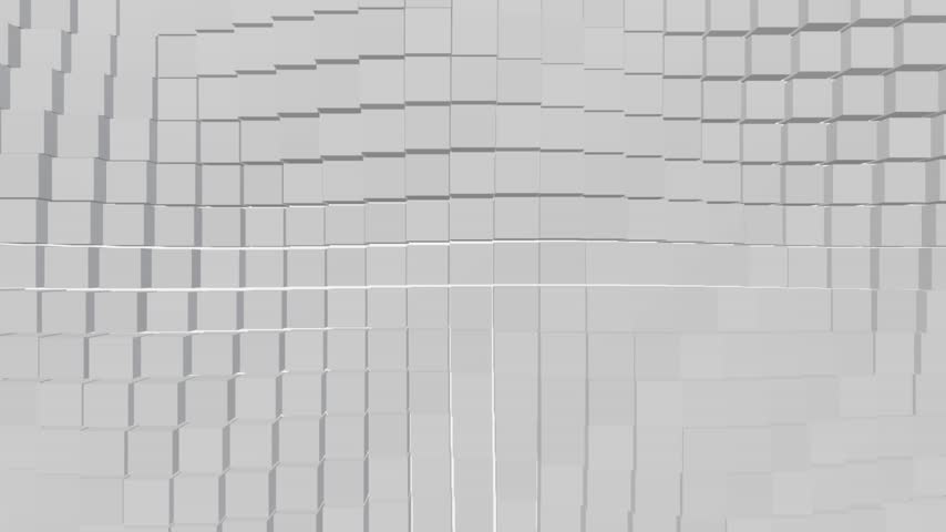 A close-up grid of large white cubes moving in a pronounced, flowing wave.