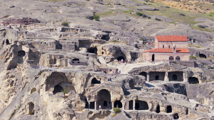 Basilica On Uplistsikhe, Ancient Rock-hewn Town Near Gori, Shida Kartli, Georgia. - aerial shot
