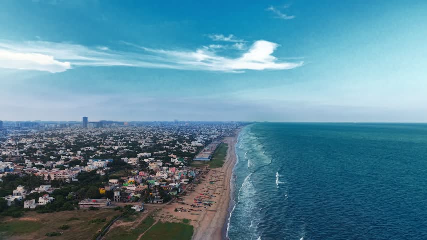 Aerial view of the coastline and urban landscape of Chennai, Tamil Nadu, India.