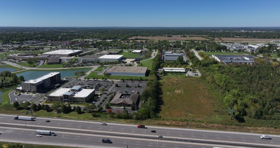 Aerial view of commercial buildings and a highway in Greenwood, Indiana, United States.