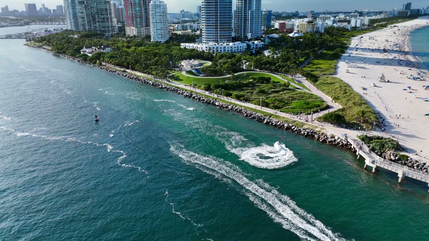 Aerial view of South Beach showing the coastline and high-rise buildings in Miami-Dade County, Florida, United States.
