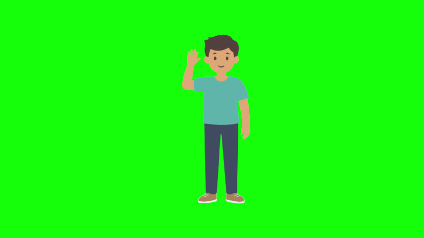 Flat vector illustration of a cute young boy waving his hand saying hello with a large media play button icon on a greenscreen chroma key background.