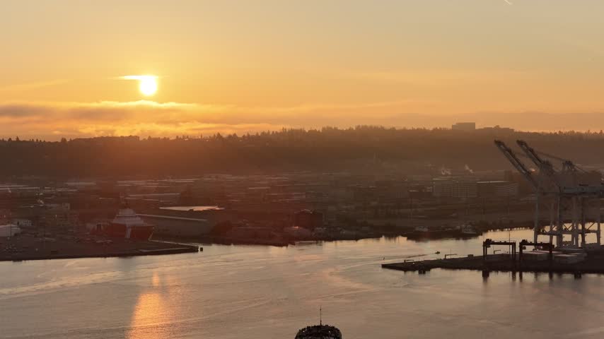 Shipyard cranes, cargo containers and vessels at a busy port, Seattle, USA. g2.