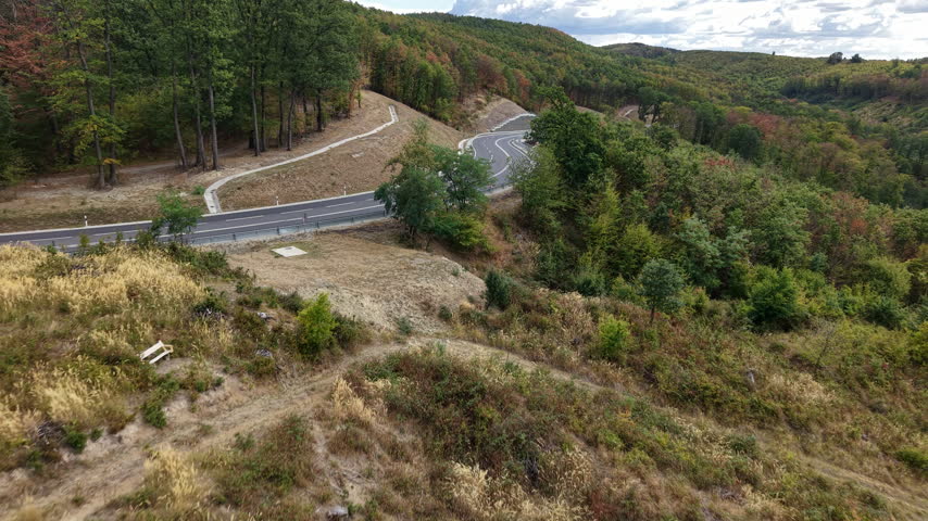 A winding paved road cuts through a forest landscape during the autumn season, with an overcast sky above.