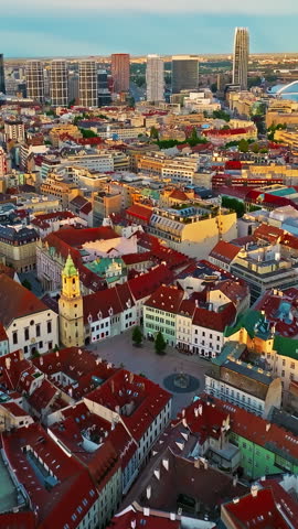 Aerial view of beautiful view of the old city center of Bratislava, Slovakia