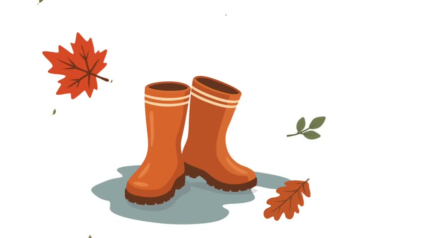 Orange Rubber Rain Boots Standing in a Water Puddle with Falling Autumn Maple and Oak Leaves on White Background