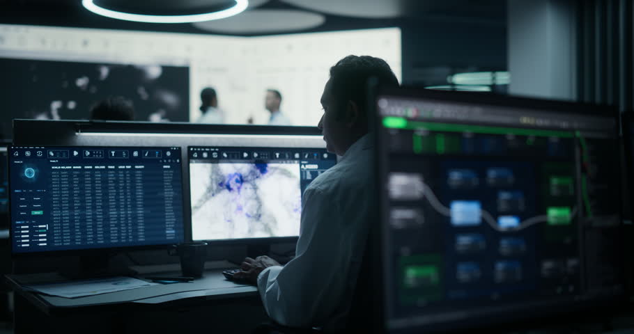 Scientific Medical Scientific Research Facility, Monitoring Control Room: Male Medical Scientist Works on Computer, Examines Neural Network Tissue Scans. Specialist Applies AI and Big Data Algorithms
