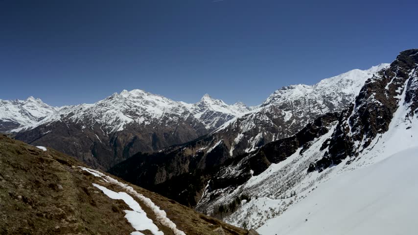 Rugged Himalayan Peaks With Snow Covered Slopes and Deep Mountain Valley