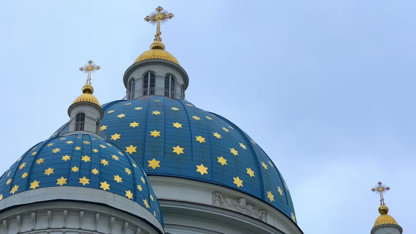 Saint Petersburg. Russia. Trinity-Izmailovsky Cathedral with blue domes. Architectural monument. Cathedral of the Holy Life-Giving Trinity of the Izmailovsky Regiment of the Life Guards. 4К