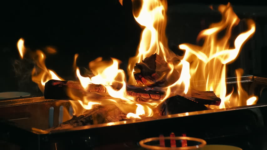 Close-up of a campfire at a campsite, Slow motion