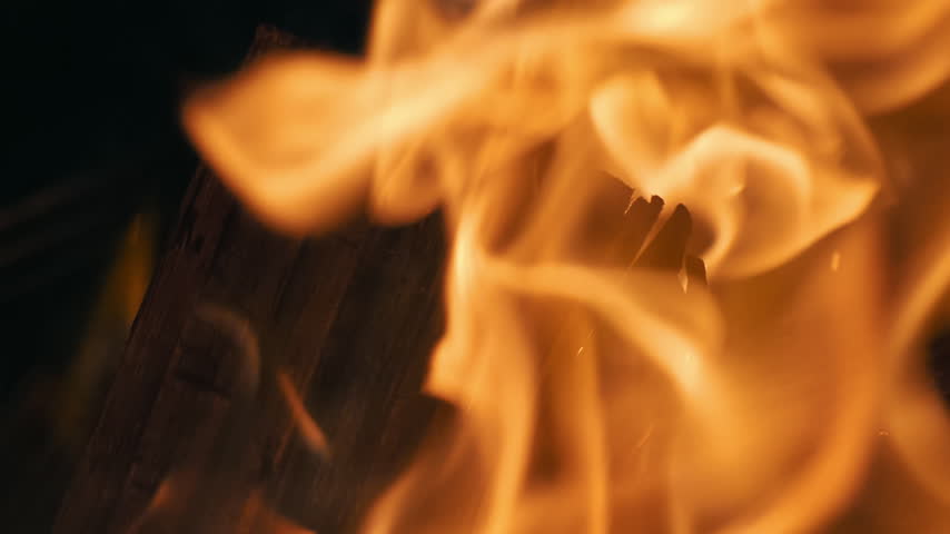 Close-up of a campfire at a campsite, Slow motion
