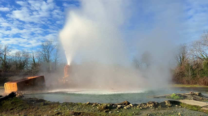 Healing thermal springs in Abkhazia. A hot hydrogen sulfide spring and an open-air geyser with a swimming pool. A source of thermal mineral water near Ochamchira.