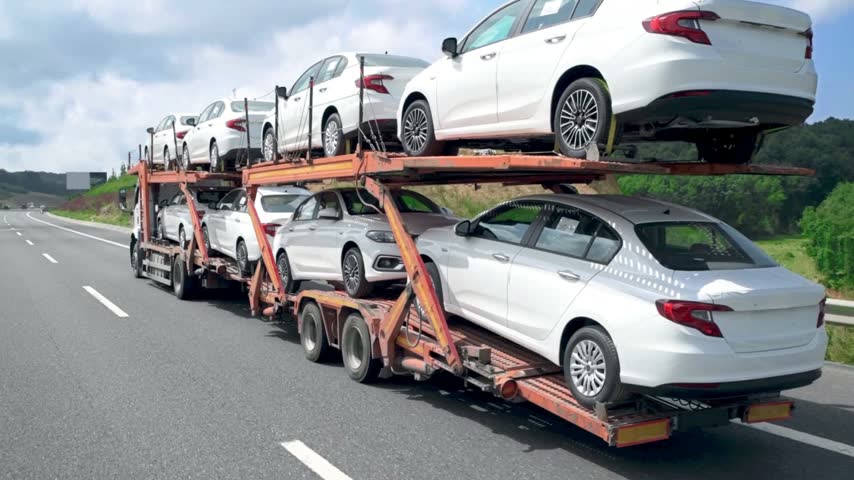 Car transporter truck carrying new white cars driving on open highway