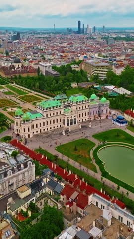 Aerial view of a beautiful panoramic view of the Belvedere Palace, with its parks and gardens, in Vienna, Austria