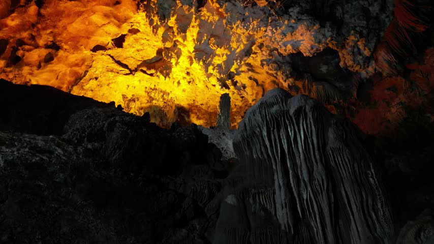 Luminous Cave Ceiling with Stalactites and Stalagmites