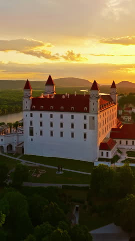 Aerial view of Bratislava Castle at sunset, a historic landmark in the capital city of Bratislava, Slovakia