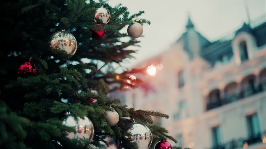 Detailed close up of festive Christmas tree ornaments and holiday decor video