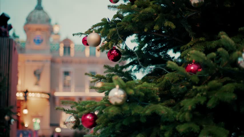 Close up view of colorful Christmas tree ornaments and decorations video