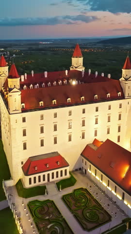 Aerial view of Bratislava Castle at sunset, a historic landmark in the capital city of Bratislava, Slovakia