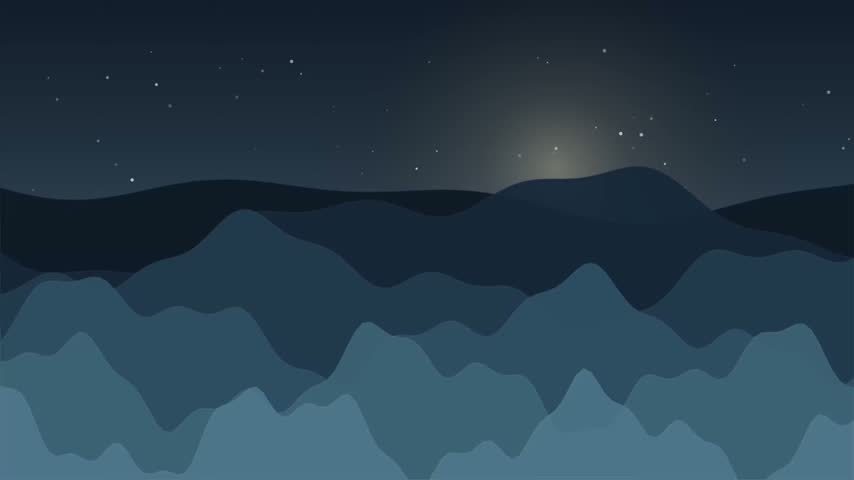 Soft layered blue mountain silhouettes fading into mist beneath a glowing moon in a calm night sky