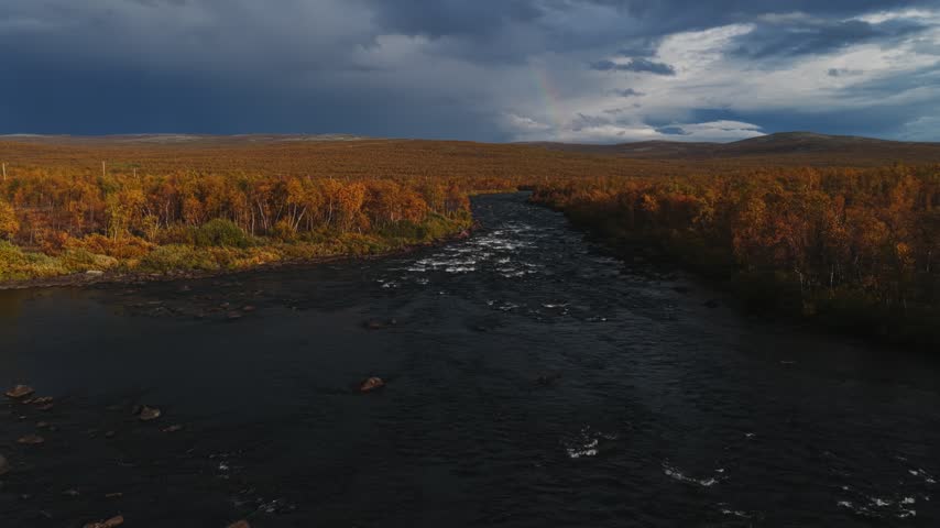 Aerial view of the river flowing through the autumn landscape of Kilpisjarvi, Lapland, Finland.