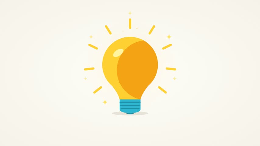A stylized yellow light bulb graphic pulses gently with a soft radiating glow against a clean minimalist beige backdrop. This flat vector illustration features a vibrant gold lamp base with a contrasting blue screw cap. Small sparkles emerge around the object to represent creative insight, intelligence, innovation, and bright mental discovery.