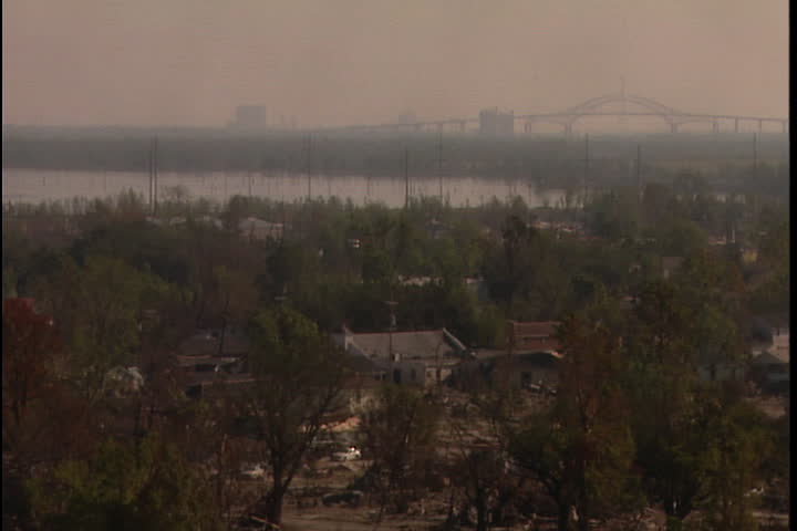 View of smashed and mostly leveled district of New Orleans after Hurricane Katrina (October 2005).