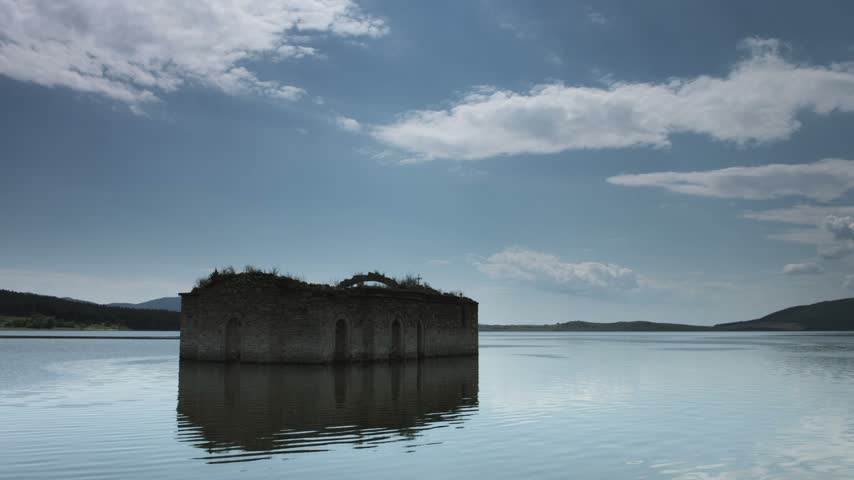 Old christian church under water in dam Zhrebchevo Reservoir, Bulgaria.
