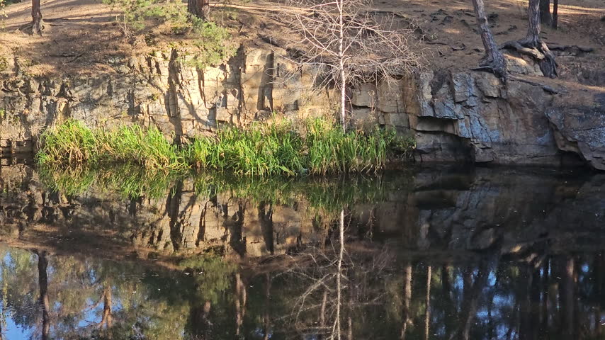 Still water mirrors rocky cliff and trees. Reflections shift gently with breeze and ripples. Green grasses cling to rugged stone edges. Trees lean over water, bare branches reaching